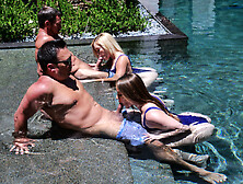 Sunny Outdoor Foursome By The Pool For Katie Kush & Kenzie Madison