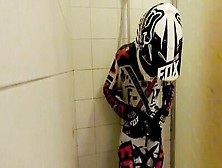 Horny Biker Grabs His Cock And Masturbates In The Bathroom