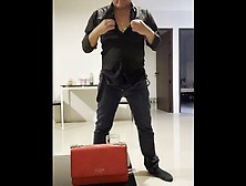 slave charming striptease for his Mistress she in sweet lingerie kick his ball with high heel