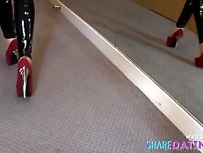 Amateur Babe in Red Stilettos and Latex Liquid Leg