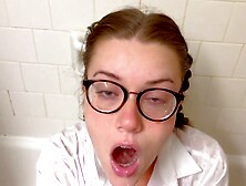 He pees on a girl with glasses with his penis