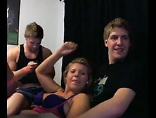 Blonde GF Takes on Three Guys