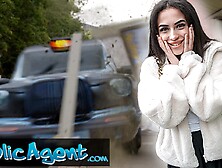 Public Agent small British Brunette hair Sucks and Screws after Almost Getting Run Over by a Runaway Taxi