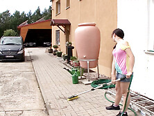 Hot German honey rides large dong in the backyard