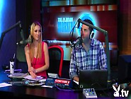 Blonde in tank top shows her tits on radio show